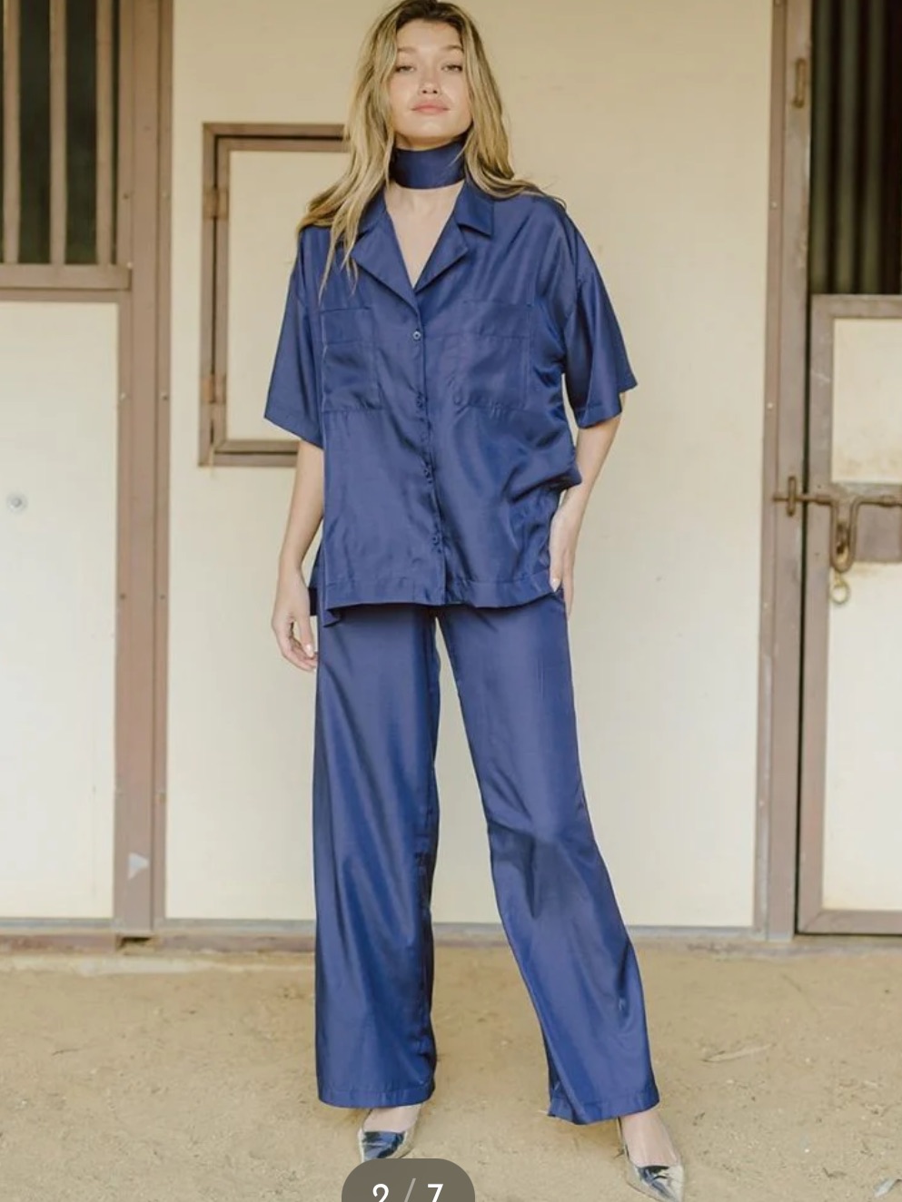 M.Woolf Travel Top And Pants Set With Neck Tie Navy Blue Size Medium
